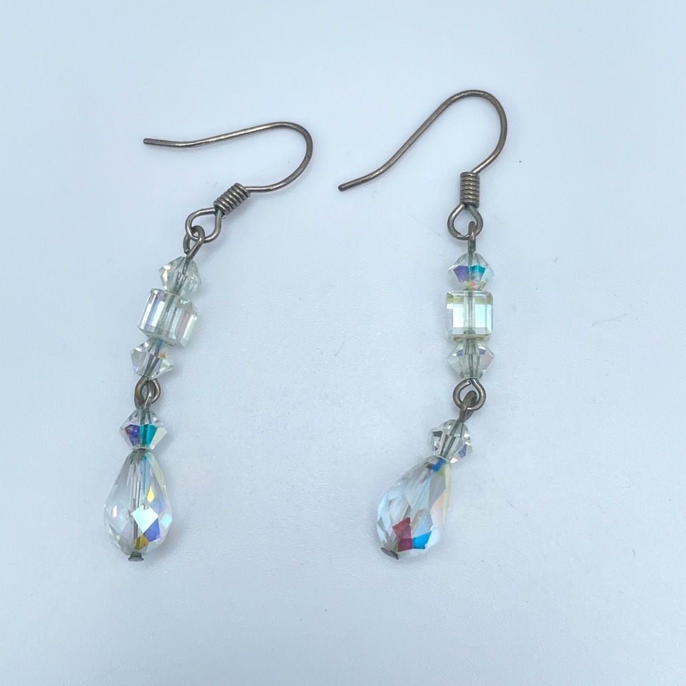 Vintage 80s Clear Iridescent Beaded Dangle Earrings Women's Classic Jewelry Boho